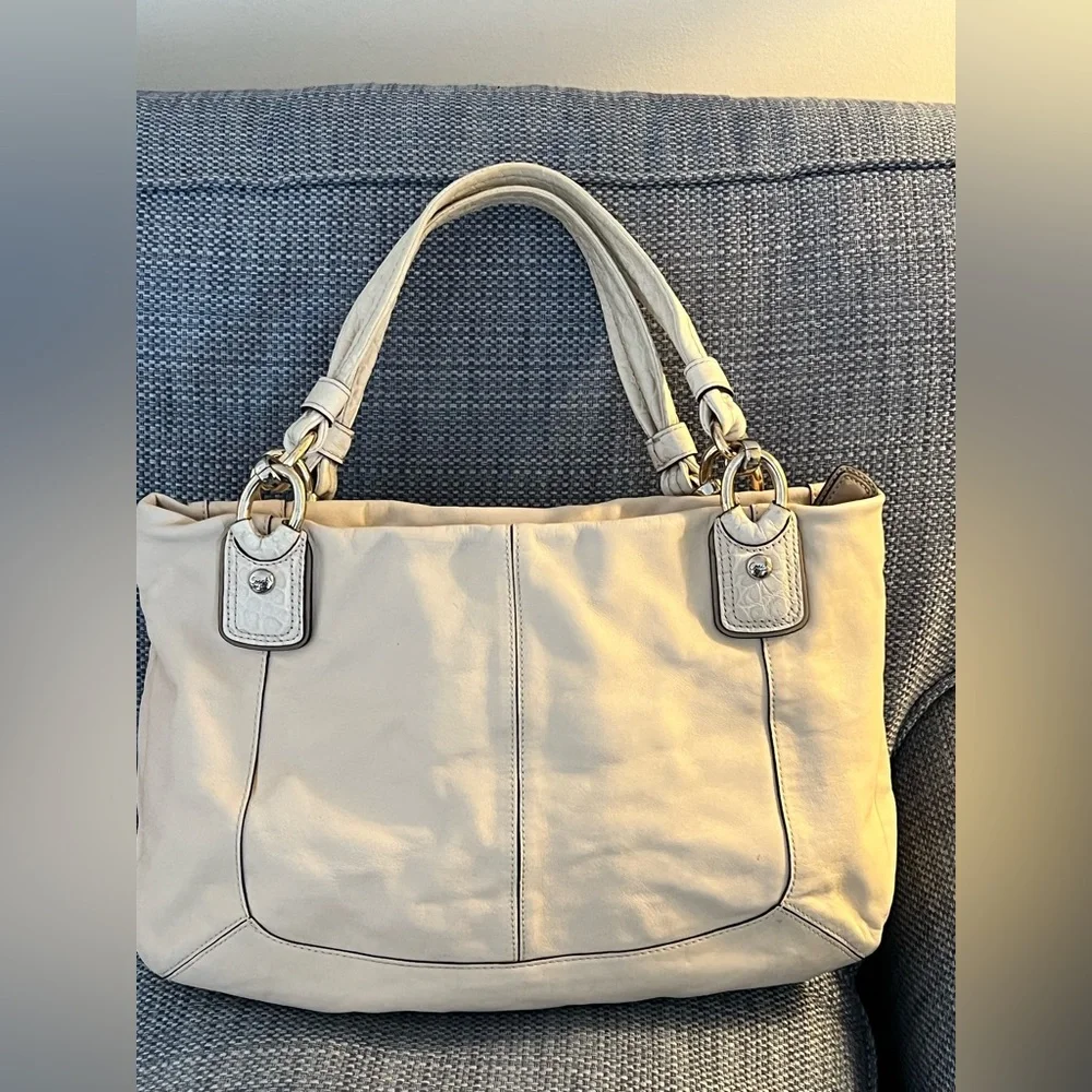 Coach Kristin Spectator leather zip Cream and Tan Women's Handbag w/ exotic trim